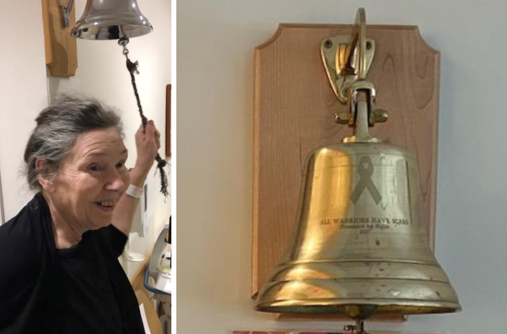 Patient Cynthia Olds ringing the cancer bell in image on the left and a close up of the cancer bell in image on the right